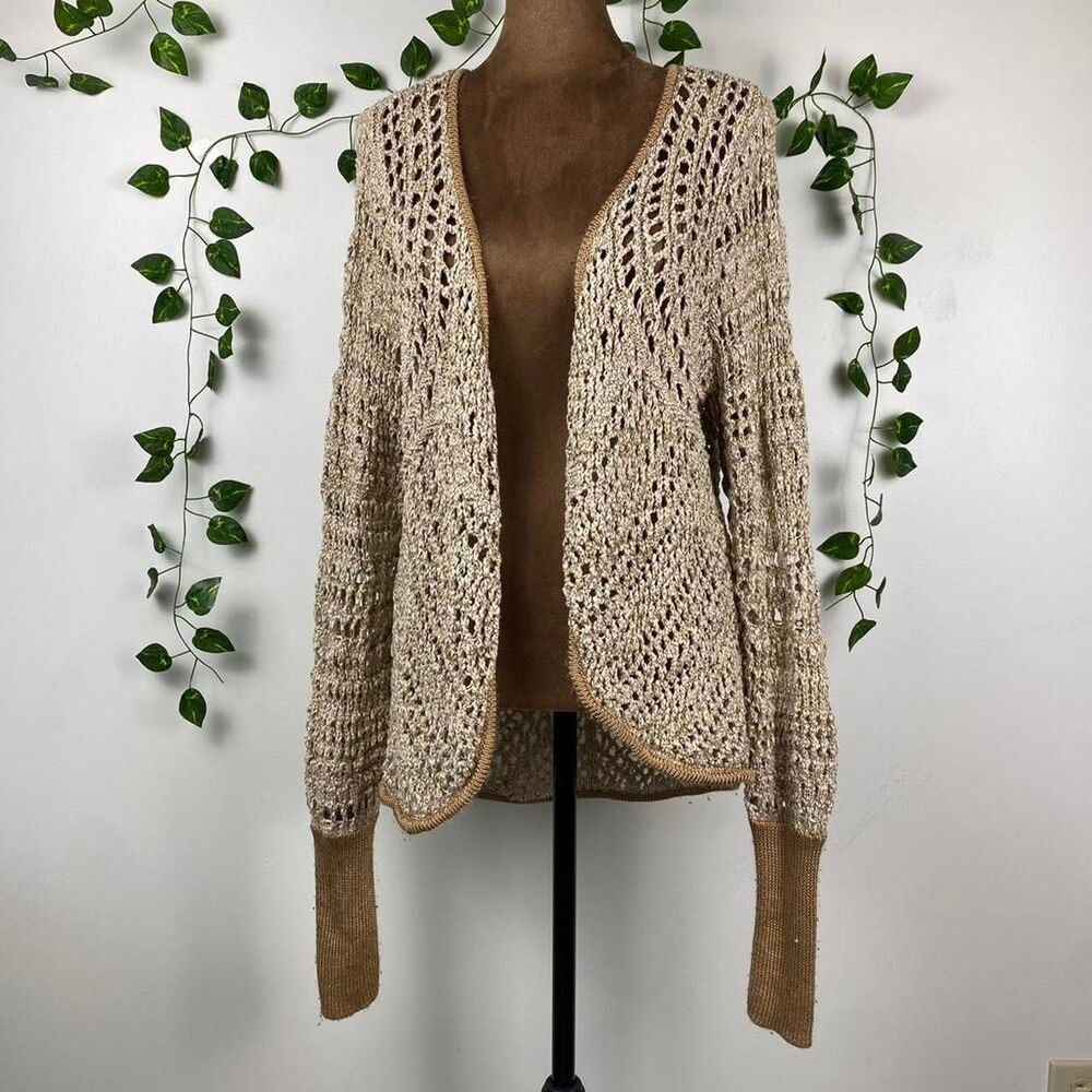 simply vera Vera wang Tan Crochet mesh bronze trim boho cardigan fairy cottage